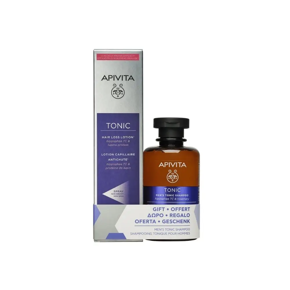 Lozione anticaduta Apivita Tonic con proteine ​​di Hippophae TC e lupino 150 ml + Shampoo tonico per uomo 250 ml in omaggio